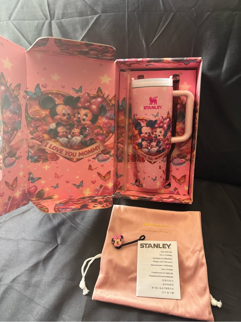 New Stanley 40oz Pink Minnie & Mickey Heart I Love You Mommy Set Bag Box Topper